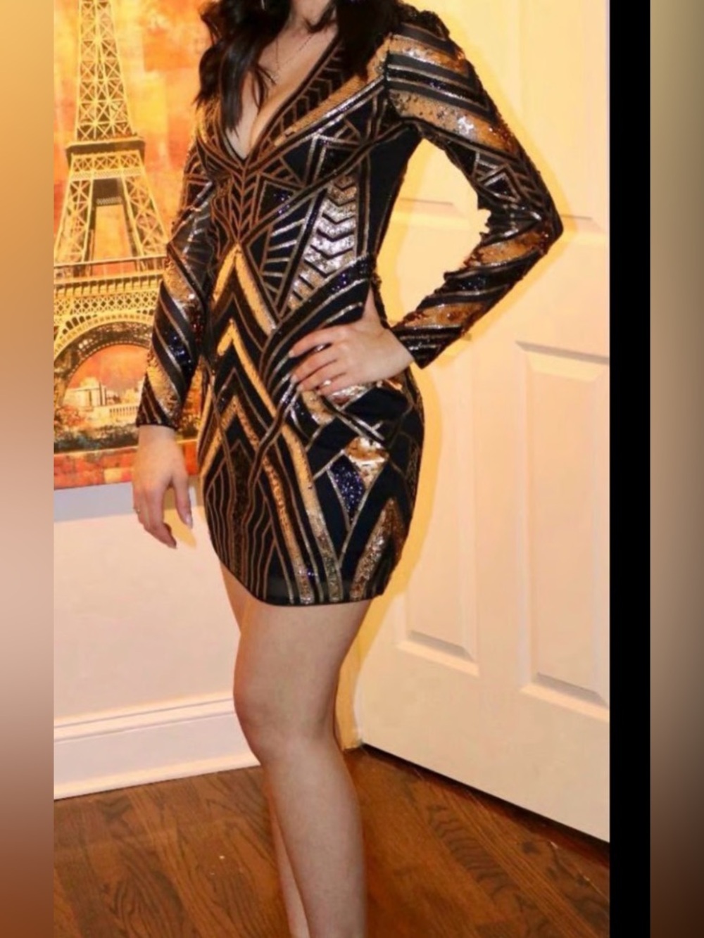 Express Black and Gold Geometric Sequin Dress